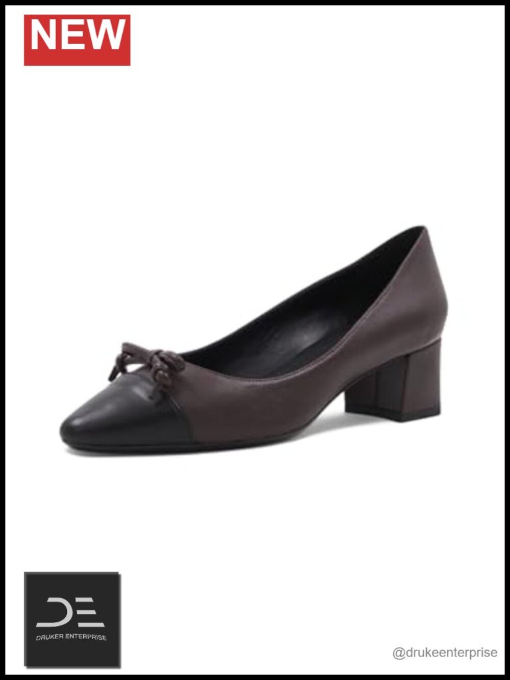 Leather Block Heel Pumps Cap Toe Bow Slip On 1.8 Inch